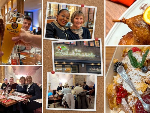 Bildcollage vom Weihnachtstreffen: Anstoßen mit Weißbier, Team am Tisch, zwei Kolleginnen-Porträt, Leuchtreklame Der Spöckmeier, Entengericht und Kaiserschmarrn.